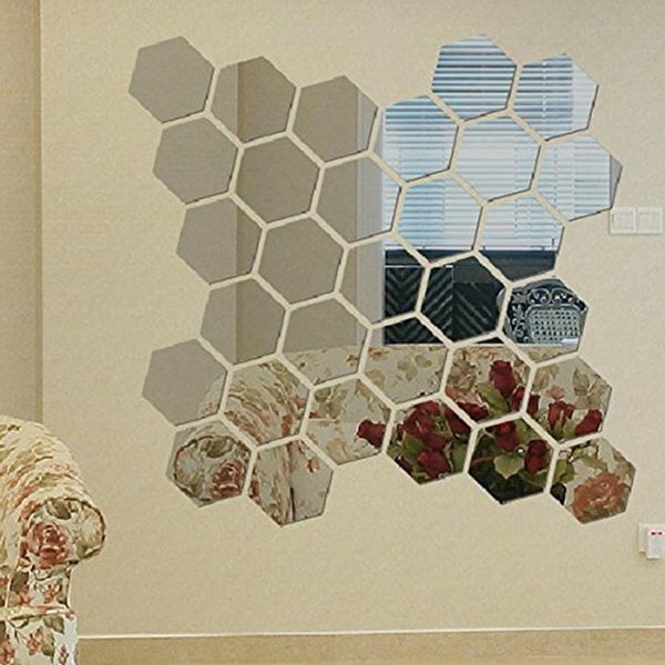 12pcs /set Hexagonal Mirror Wall Sticker DIY Brick Wall Stickers Living Room Decor Foam Waterproof Wall Covering Wallpaper