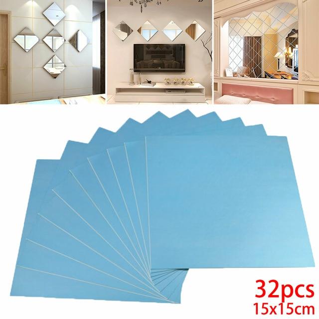 9Pc/16pc 15CM Silver Square Mirror Tile Wall Stickers Decal Home Bath Living Room Mirror Wall Stickers Decal Self-adhesive Decor