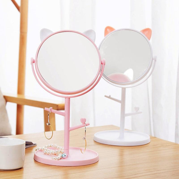Desktop Folding Vanity Mirror Square Compact Makeup Vanity Standing Cat Ear Jewelry Box Dormitory Colorful Cosmetic Mirror